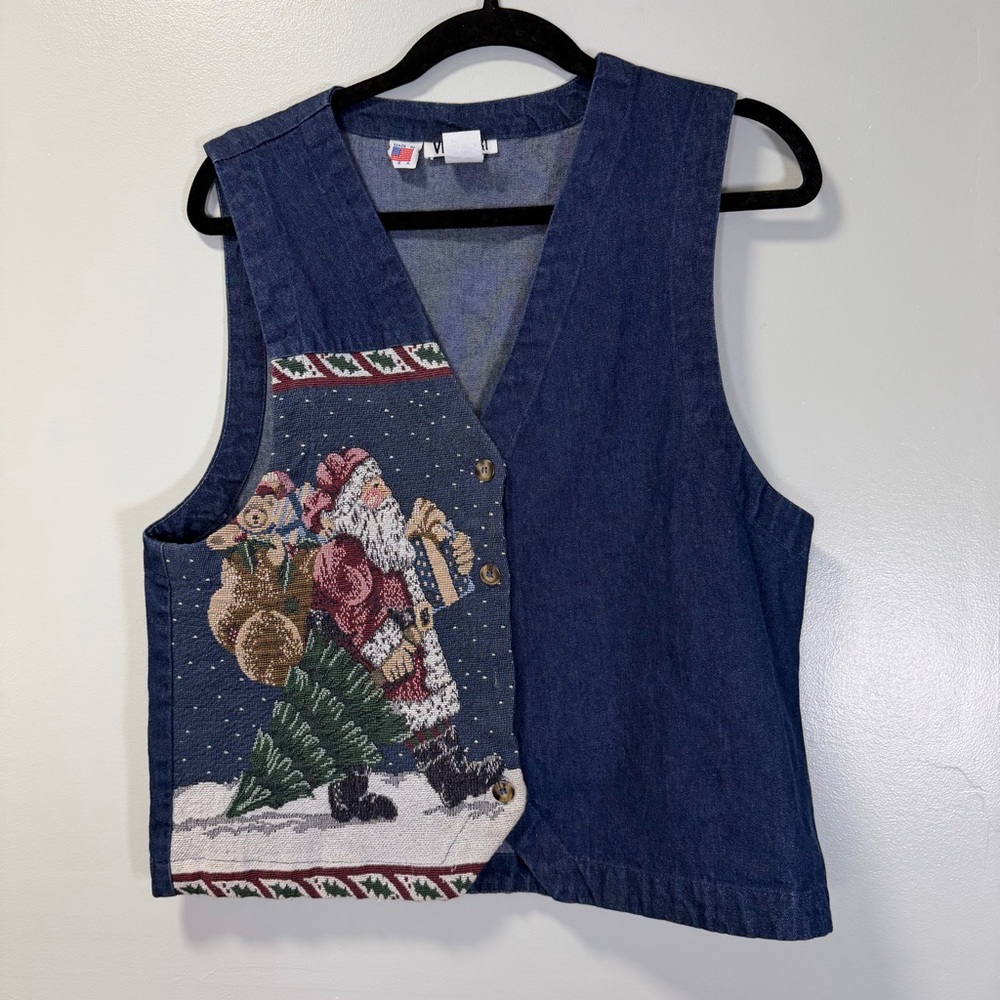 Vintage VRG SPORT Denim Vest with Santa Claus Embroidery Sz‎ Medium